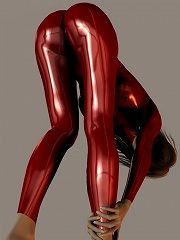 Cute brunette in red pvc poses in 3d